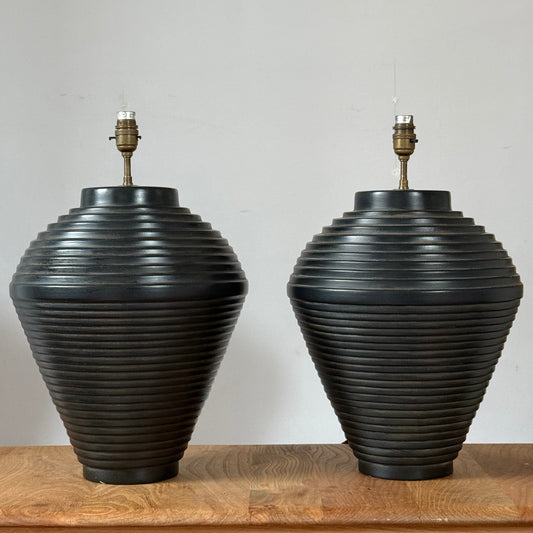 Pair of large contemporary black ceramic lamps of tapered form